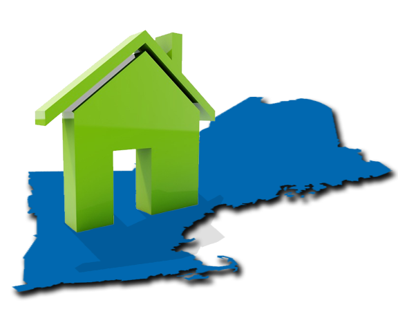 Green house icon overlaying a blue map of New England, symbolizing property insurance services by Marinilli Associates.