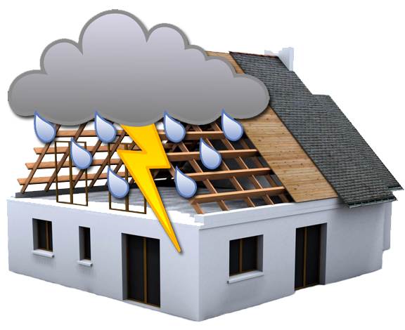 Storm damage to a house with a partially destroyed roof, rain and lightning depicted, illustrating the impact of severe weather on property.