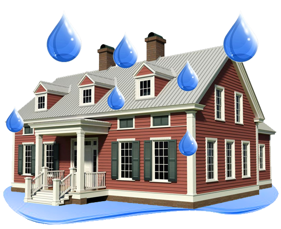 House with water droplets and flooding, representing water damage related to property claims by Marinilli Associates.